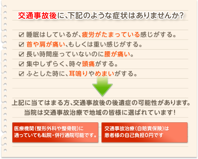 交通事故後に、下記のような症状はありませんか？ ☑睡眠はしているが、疲労がたまっている感じがする。 ☑首や肩が痛い、もしくは重い感じがする。 ☑長い時間座っていないのに腰が痛い。 ☑集中しづらく、時々頭痛がする。 ☑ふとした時に、耳鳴りやめまいがする。 上記に当てはまる方、交通事故後の後遺症の可能性があります。 当院は交通事故治療で地域の皆様に選ばれています！ 医療機関（整形外科や整骨院）に 通っていても転院・併行通院可能です。 交通事故治療（自賠責保険）は 患者様の自己負担0円です